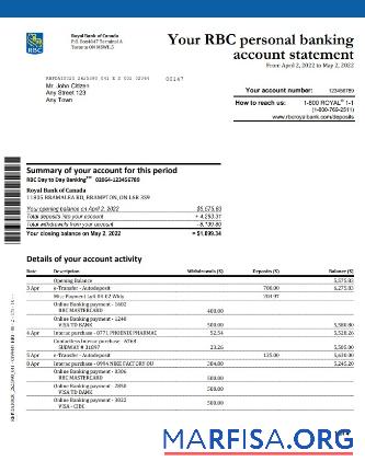 Blank Canada Royal Bank of Canada (RBC) bank statement word 4 pages, version 2 template